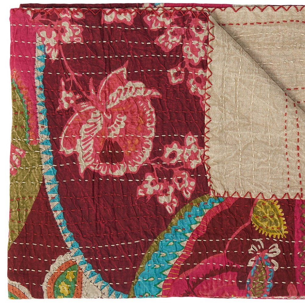 50" X 70" Red Floral Cotton Quilted Kantha Throw Blanket with Embroidery HomeRoots