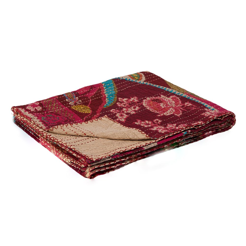 50" X 70" Red Floral Cotton Quilted Kantha Throw Blanket with Embroidery HomeRoots