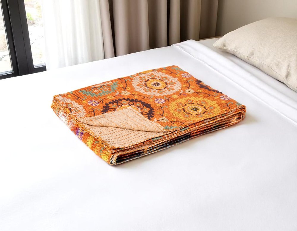 50" X 70" Red Floral Cotton Quilted Kantha Throw Blanket with Embroidery HomeRoots