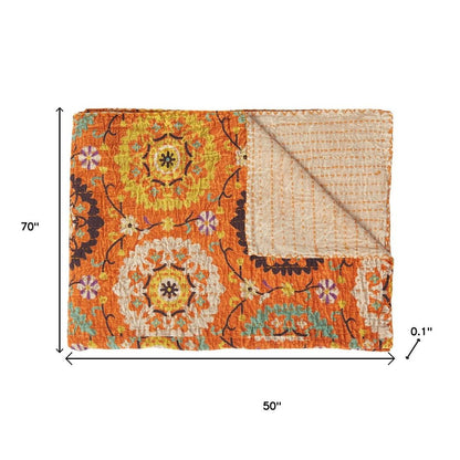 50" X 70" Red Floral Cotton Quilted Kantha Throw Blanket with Embroidery HomeRoots