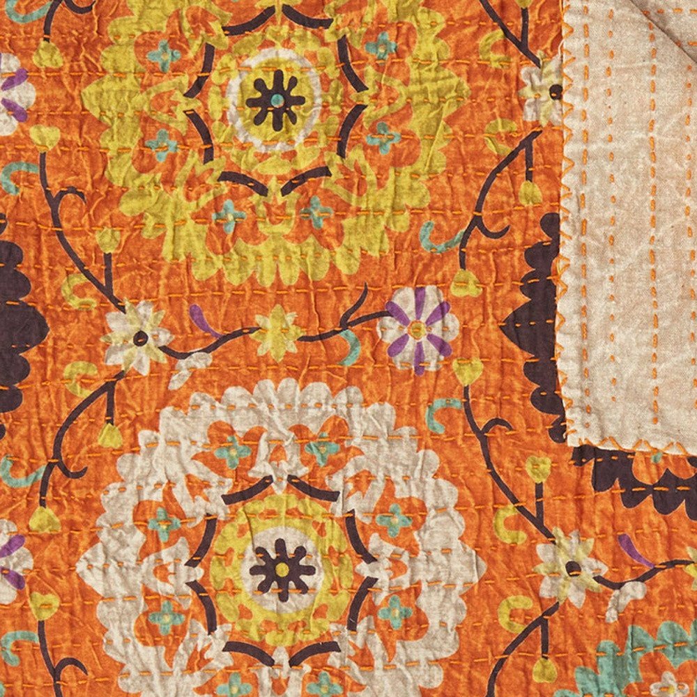 50" X 70" Red Floral Cotton Quilted Kantha Throw Blanket with Embroidery HomeRoots
