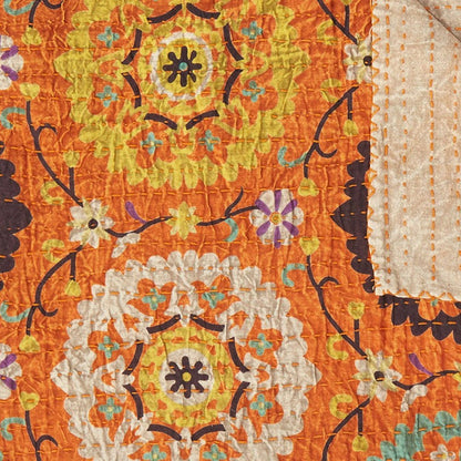 50" X 70" Red Floral Cotton Quilted Kantha Throw Blanket with Embroidery HomeRoots