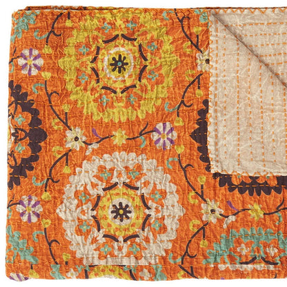 50" X 70" Red Floral Cotton Quilted Kantha Throw Blanket with Embroidery HomeRoots