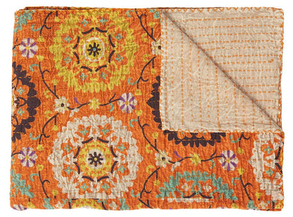 50" X 70" Red Floral Cotton Quilted Kantha Throw Blanket with Embroidery HomeRoots