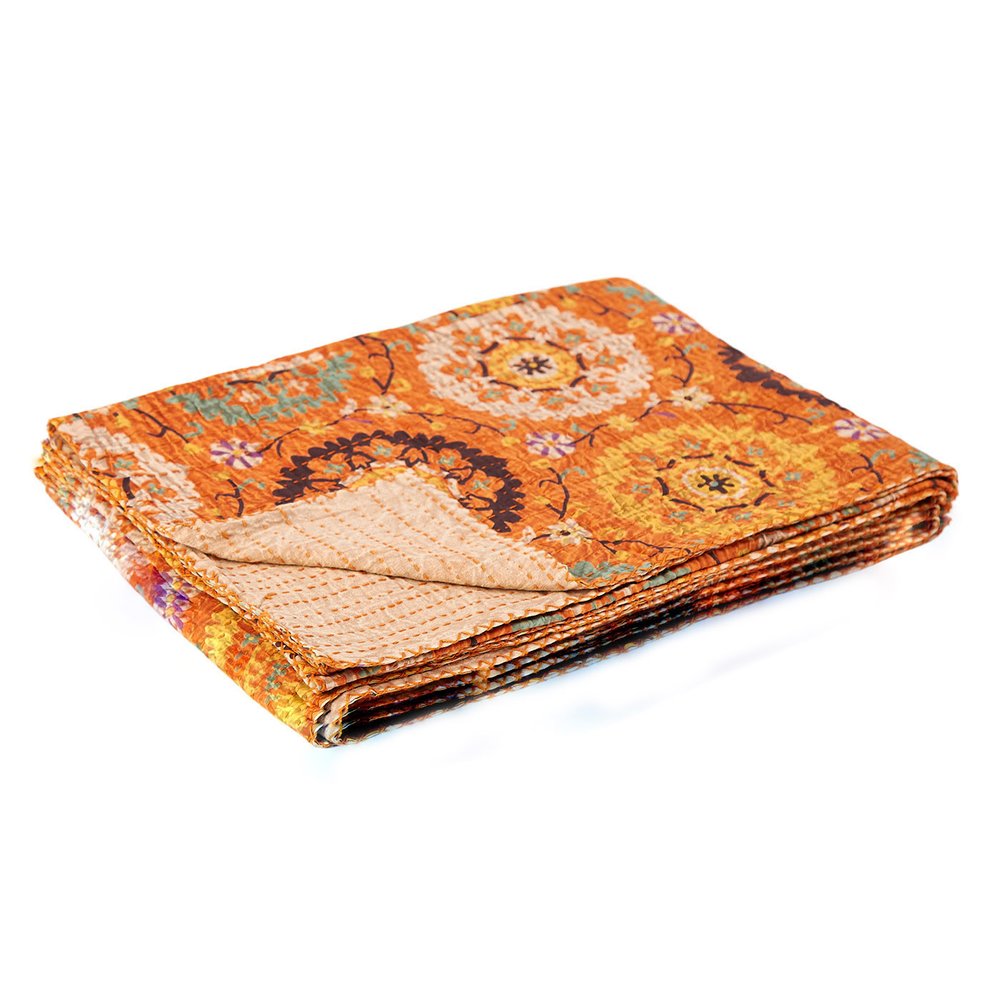 50" X 70" Red Floral Cotton Quilted Kantha Throw Blanket with Embroidery HomeRoots