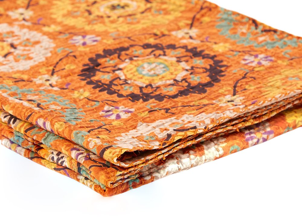 50" X 70" Red Floral Cotton Quilted Kantha Throw Blanket with Embroidery HomeRoots