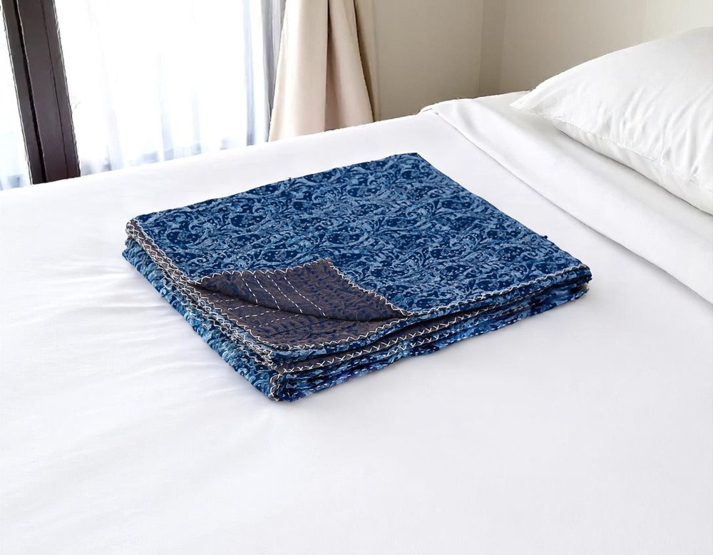 50" X 70" Blue Paisley Cotton Quilted Kantha Throw Blanket with Embroidery HomeRoots