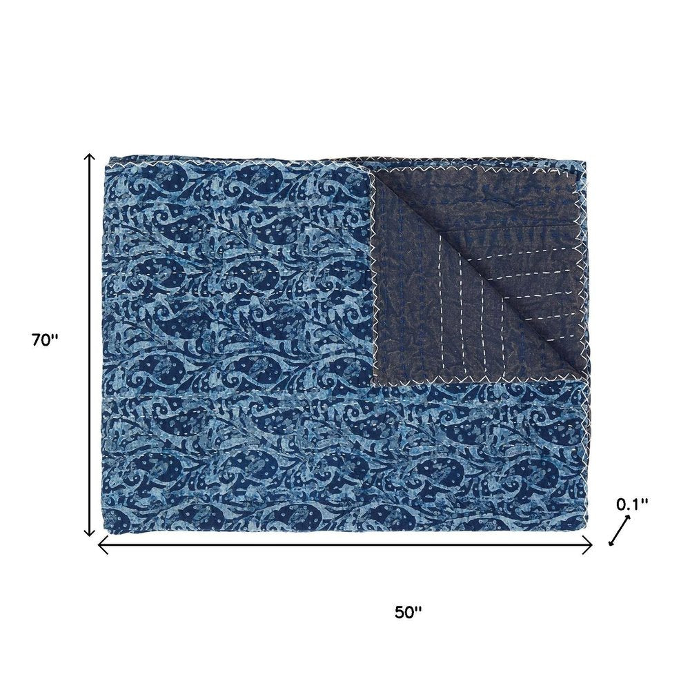 50" X 70" Blue Paisley Cotton Quilted Kantha Throw Blanket with Embroidery HomeRoots