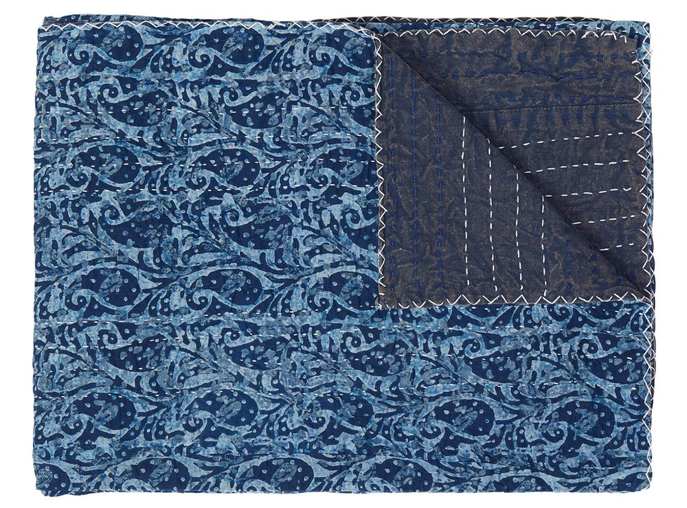 50" X 70" Blue Paisley Cotton Quilted Kantha Throw Blanket with Embroidery HomeRoots