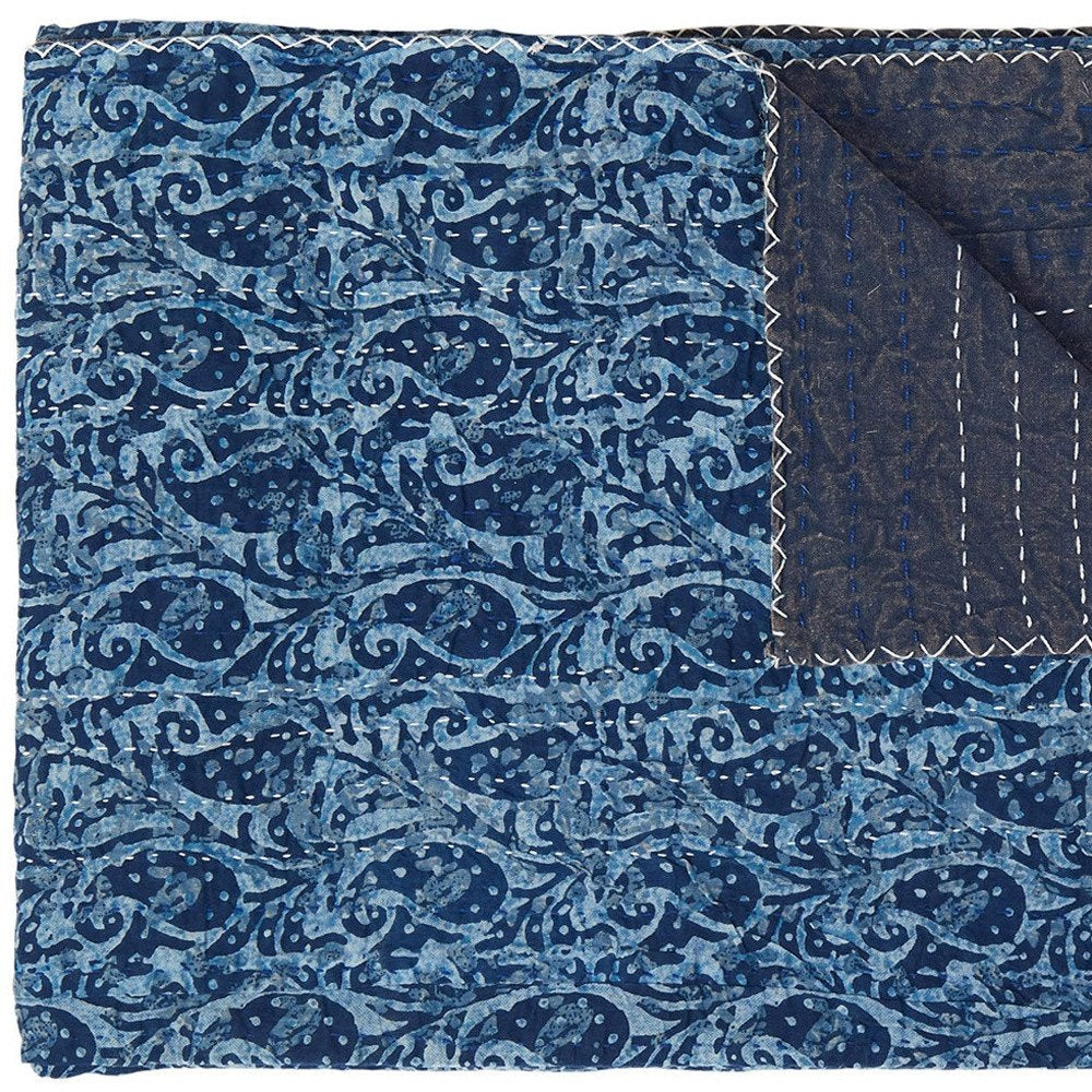 50" X 70" Blue Paisley Cotton Quilted Kantha Throw Blanket with Embroidery HomeRoots