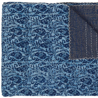 50" X 70" Blue Paisley Cotton Quilted Kantha Throw Blanket with Embroidery HomeRoots