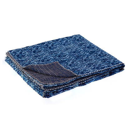 50" X 70" Blue Paisley Cotton Quilted Kantha Throw Blanket with Embroidery HomeRoots