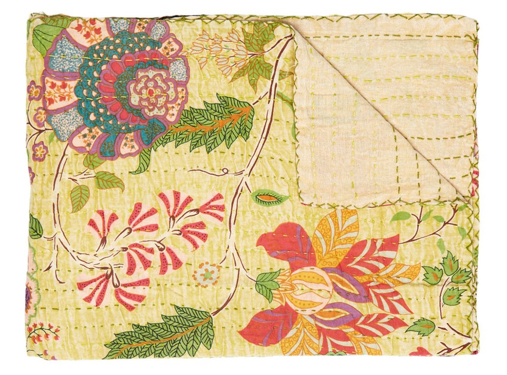 50" X 70" Red Floral Cotton Quilted Kantha Throw Blanket with Embroidery HomeRoots