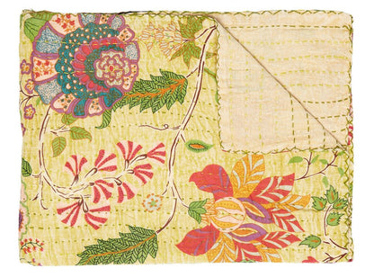 50" X 70" Red Floral Cotton Quilted Kantha Throw Blanket with Embroidery HomeRoots