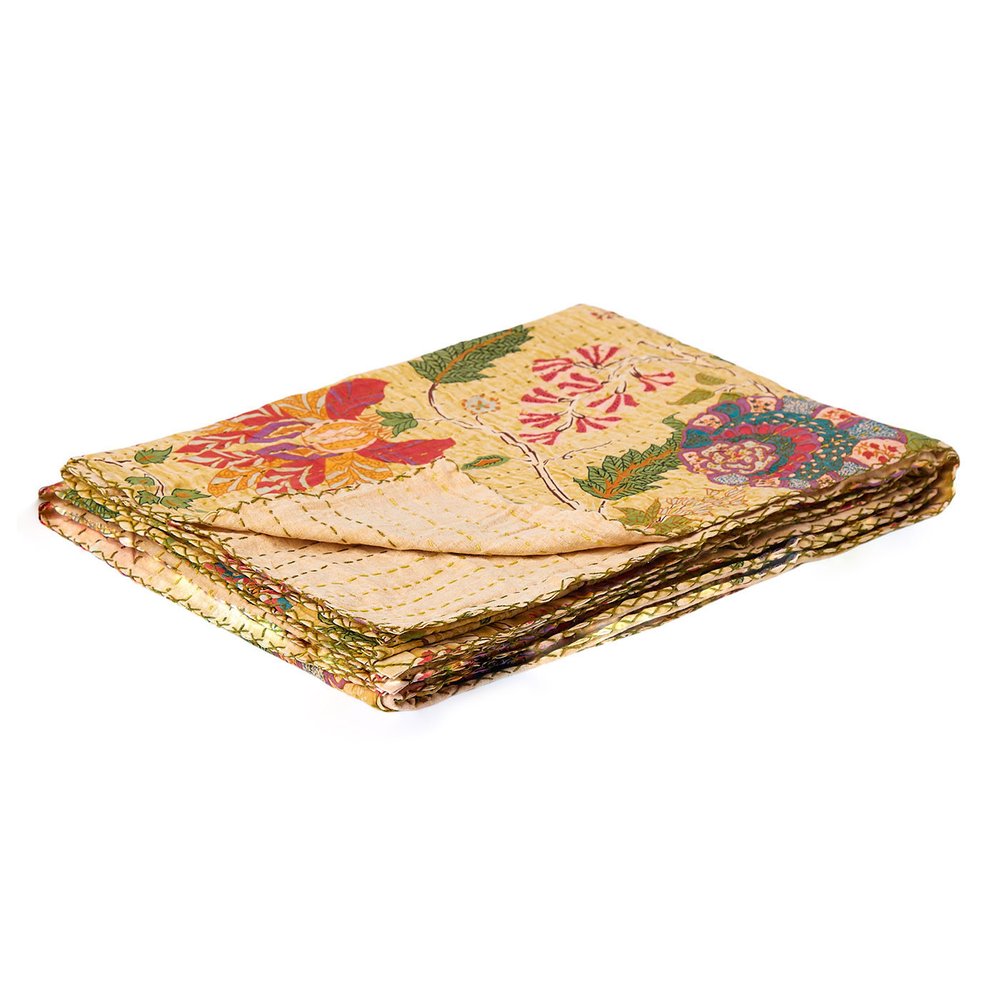 50" X 70" Red Floral Cotton Quilted Kantha Throw Blanket with Embroidery HomeRoots