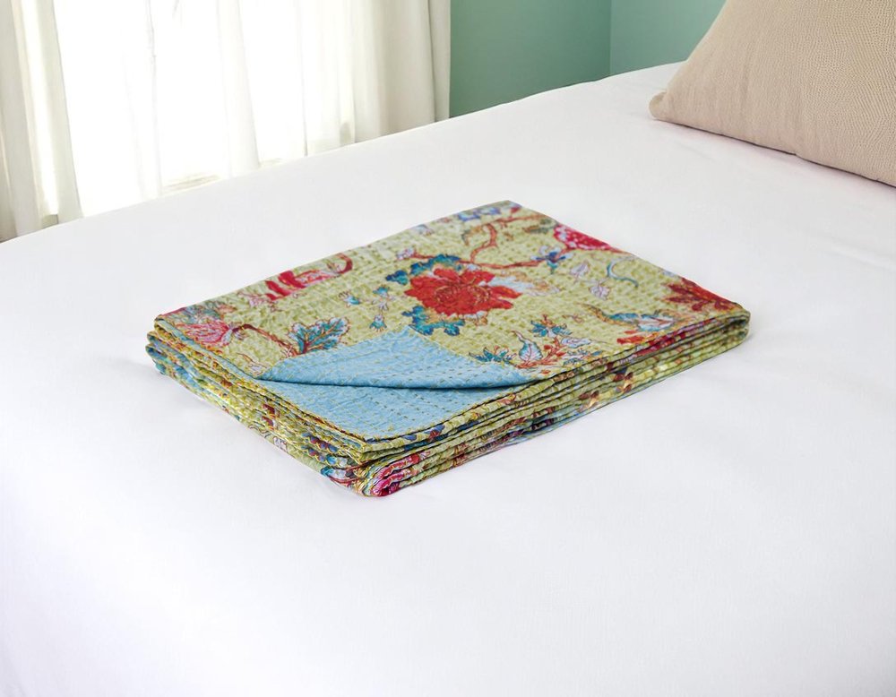 50" X 70" Green And Red Floral Cotton Quilted Kantha Throw Blanket with Embroidery HomeRoots