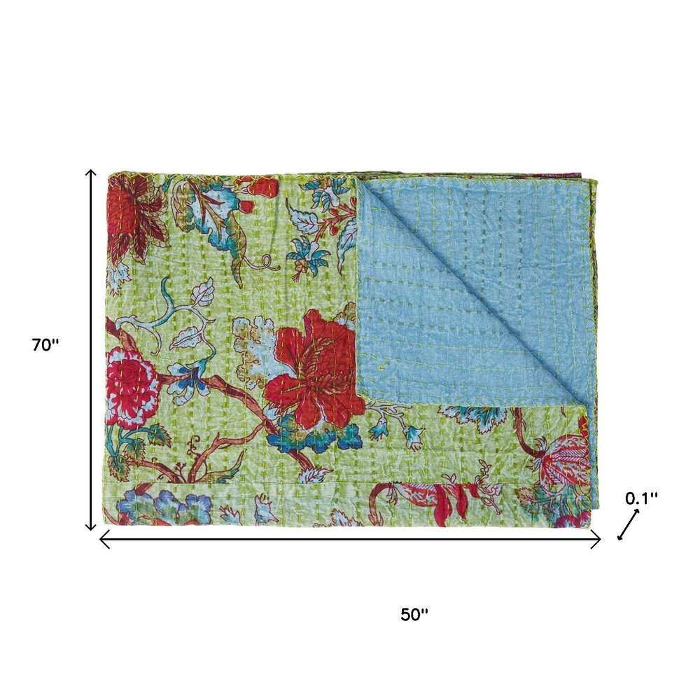 50" X 70" Green And Red Floral Cotton Quilted Kantha Throw Blanket with Embroidery HomeRoots