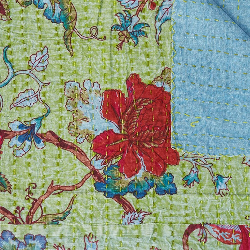 50" X 70" Green And Red Floral Cotton Quilted Kantha Throw Blanket with Embroidery HomeRoots