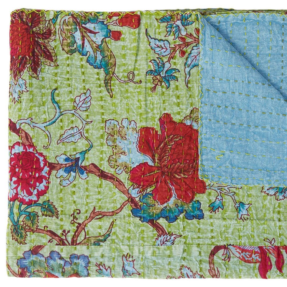 50" X 70" Green And Red Floral Cotton Quilted Kantha Throw Blanket with Embroidery HomeRoots
