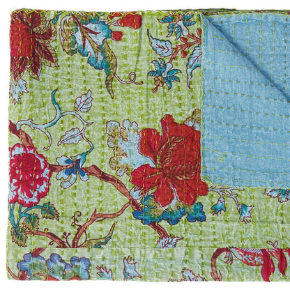 50" X 70" Green And Red Floral Cotton Quilted Kantha Throw Blanket with Embroidery HomeRoots
