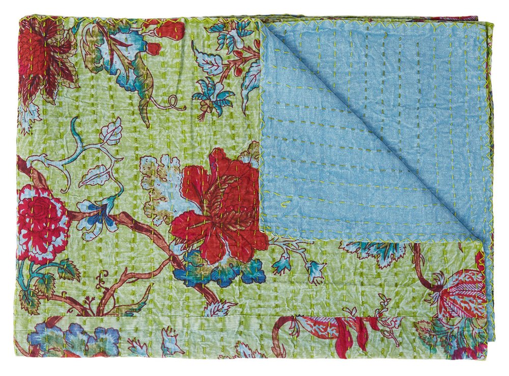 50" X 70" Green And Red Floral Cotton Quilted Kantha Throw Blanket with Embroidery HomeRoots
