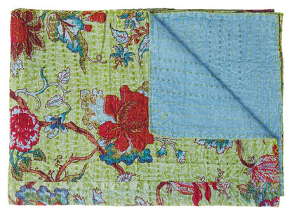 50" X 70" Green And Red Floral Cotton Quilted Kantha Throw Blanket with Embroidery HomeRoots