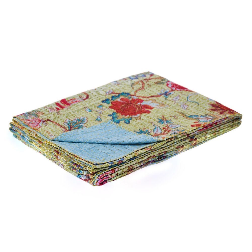 50" X 70" Green And Red Floral Cotton Quilted Kantha Throw Blanket with Embroidery HomeRoots