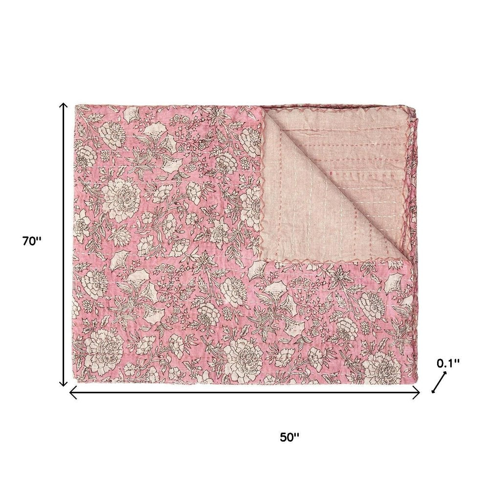 50" X 70" Pink And Blush Floral Cotton Quilted Kantha Throw Blanket with Embroidery HomeRoots
