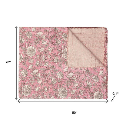 50" X 70" Pink And Blush Floral Cotton Quilted Kantha Throw Blanket with Embroidery HomeRoots