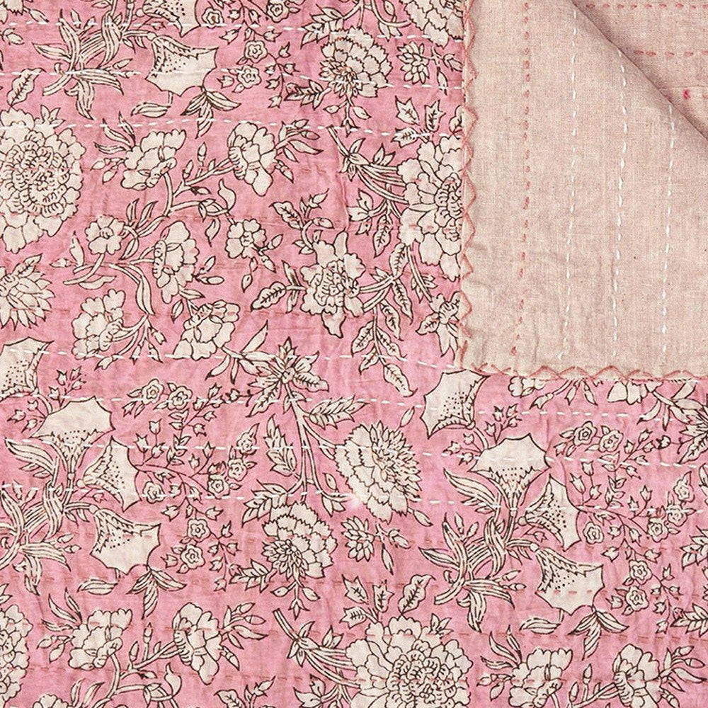 50" X 70" Pink And Blush Floral Cotton Quilted Kantha Throw Blanket with Embroidery HomeRoots