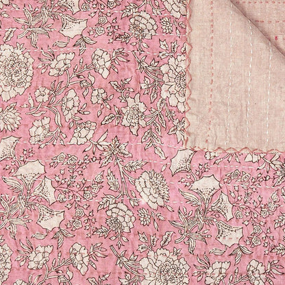 50" X 70" Pink And Blush Floral Cotton Quilted Kantha Throw Blanket with Embroidery HomeRoots