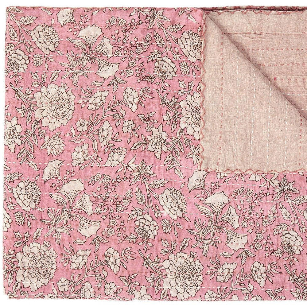 50" X 70" Pink And Blush Floral Cotton Quilted Kantha Throw Blanket with Embroidery HomeRoots