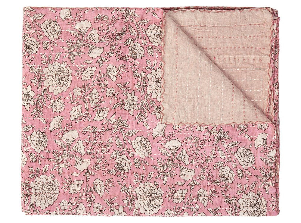 50" X 70" Pink And Blush Floral Cotton Quilted Kantha Throw Blanket with Embroidery HomeRoots