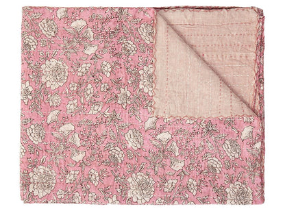 50" X 70" Pink And Blush Floral Cotton Quilted Kantha Throw Blanket with Embroidery HomeRoots