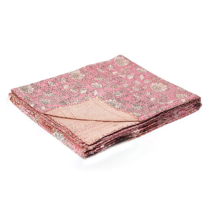 50" X 70" Pink And Blush Floral Cotton Quilted Kantha Throw Blanket with Embroidery HomeRoots