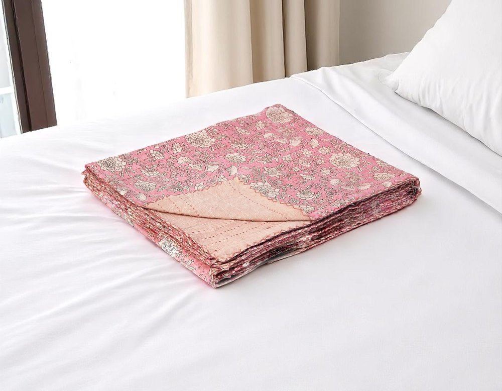 50" X 70" Pink And Blush Floral Cotton Quilted Kantha Throw Blanket with Embroidery HomeRoots
