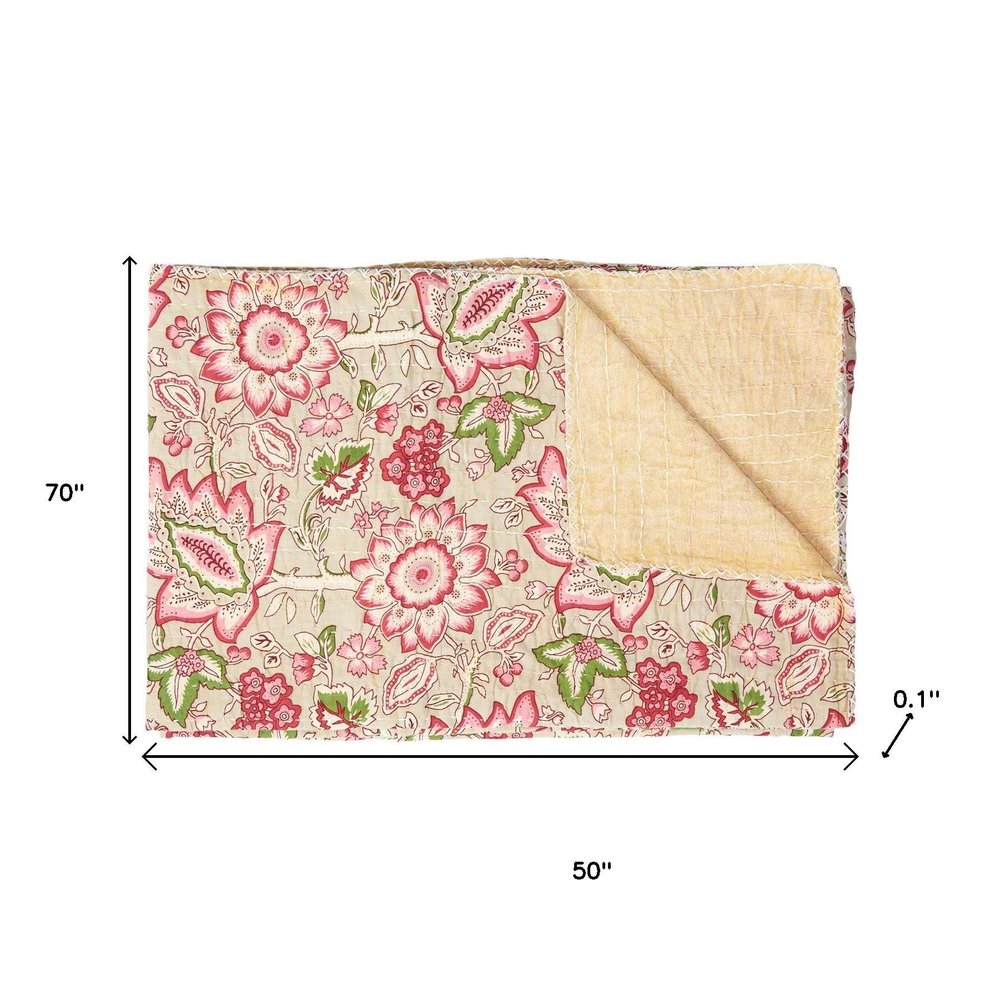 50" X 70" Pink And Blush Floral Cotton Quilted Kantha Throw Blanket with Embroidery HomeRoots
