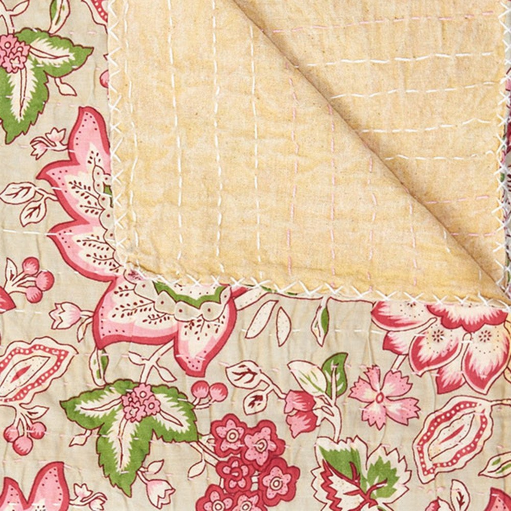50" X 70" Pink And Blush Floral Cotton Quilted Kantha Throw Blanket with Embroidery HomeRoots