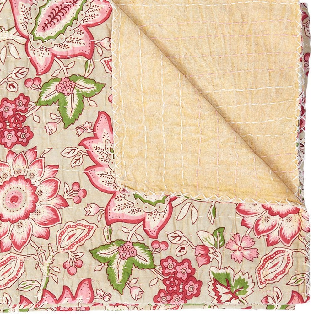 50" X 70" Pink And Blush Floral Cotton Quilted Kantha Throw Blanket with Embroidery HomeRoots