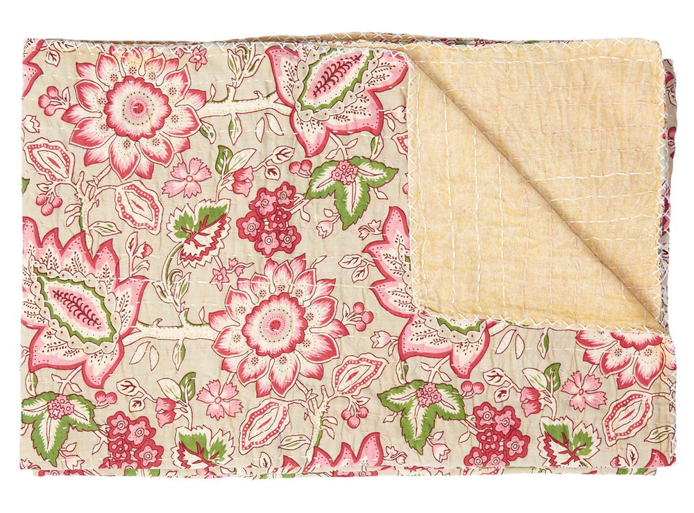 50" X 70" Pink And Blush Floral Cotton Quilted Kantha Throw Blanket with Embroidery HomeRoots