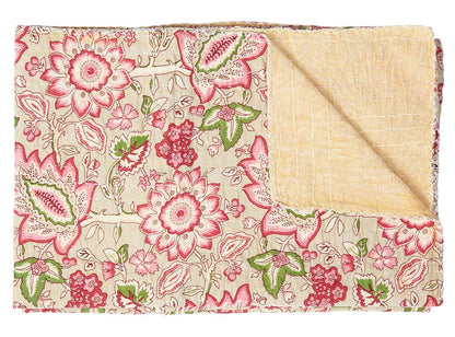 50" X 70" Pink And Blush Floral Cotton Quilted Kantha Throw Blanket with Embroidery HomeRoots