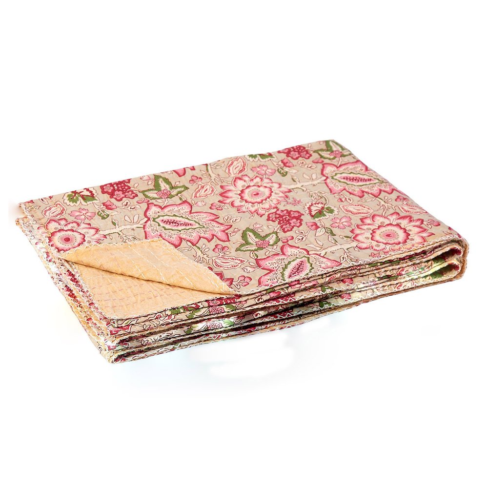 50" X 70" Pink And Blush Floral Cotton Quilted Kantha Throw Blanket with Embroidery HomeRoots