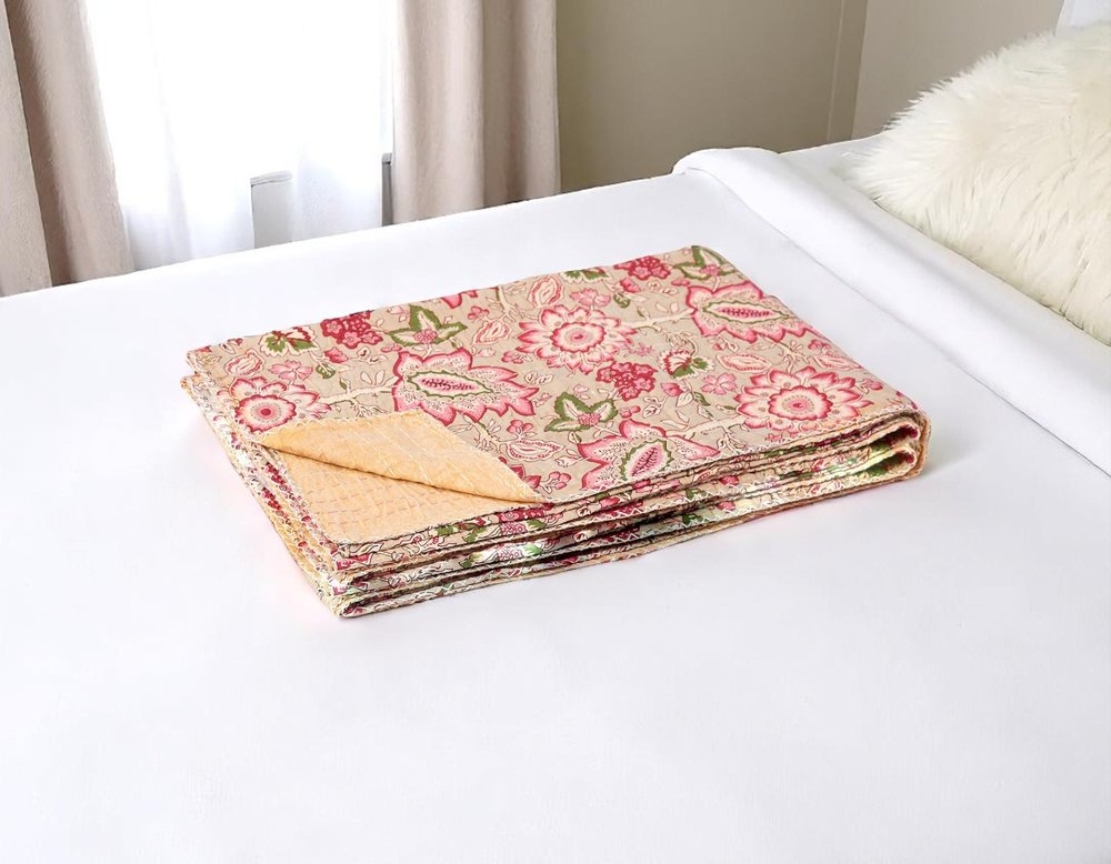 50" X 70" Pink And Blush Floral Cotton Quilted Kantha Throw Blanket with Embroidery HomeRoots