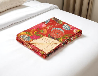 50" X 70" Blue Green And Red Floral Cotton Quilted Kantha Throw Blanket with Embroidery HomeRoots