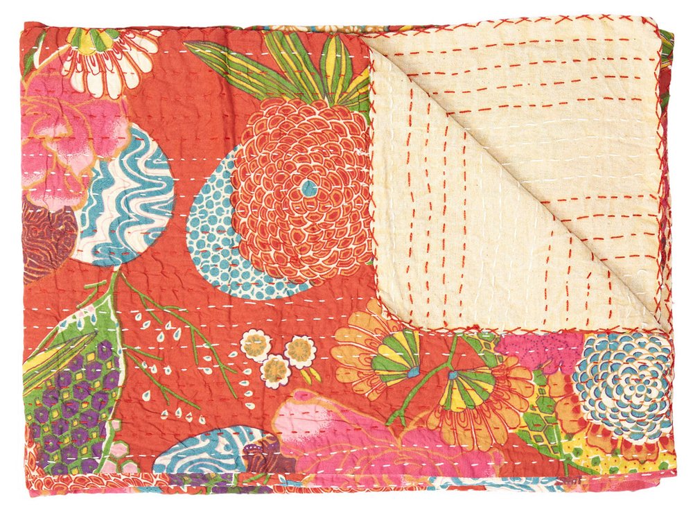 50" X 70" Blue Green And Red Floral Cotton Quilted Kantha Throw Blanket with Embroidery HomeRoots
