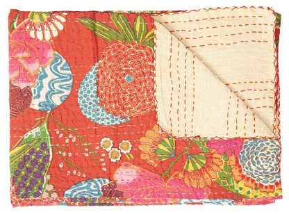 50" X 70" Blue Green And Red Floral Cotton Quilted Kantha Throw Blanket with Embroidery HomeRoots
