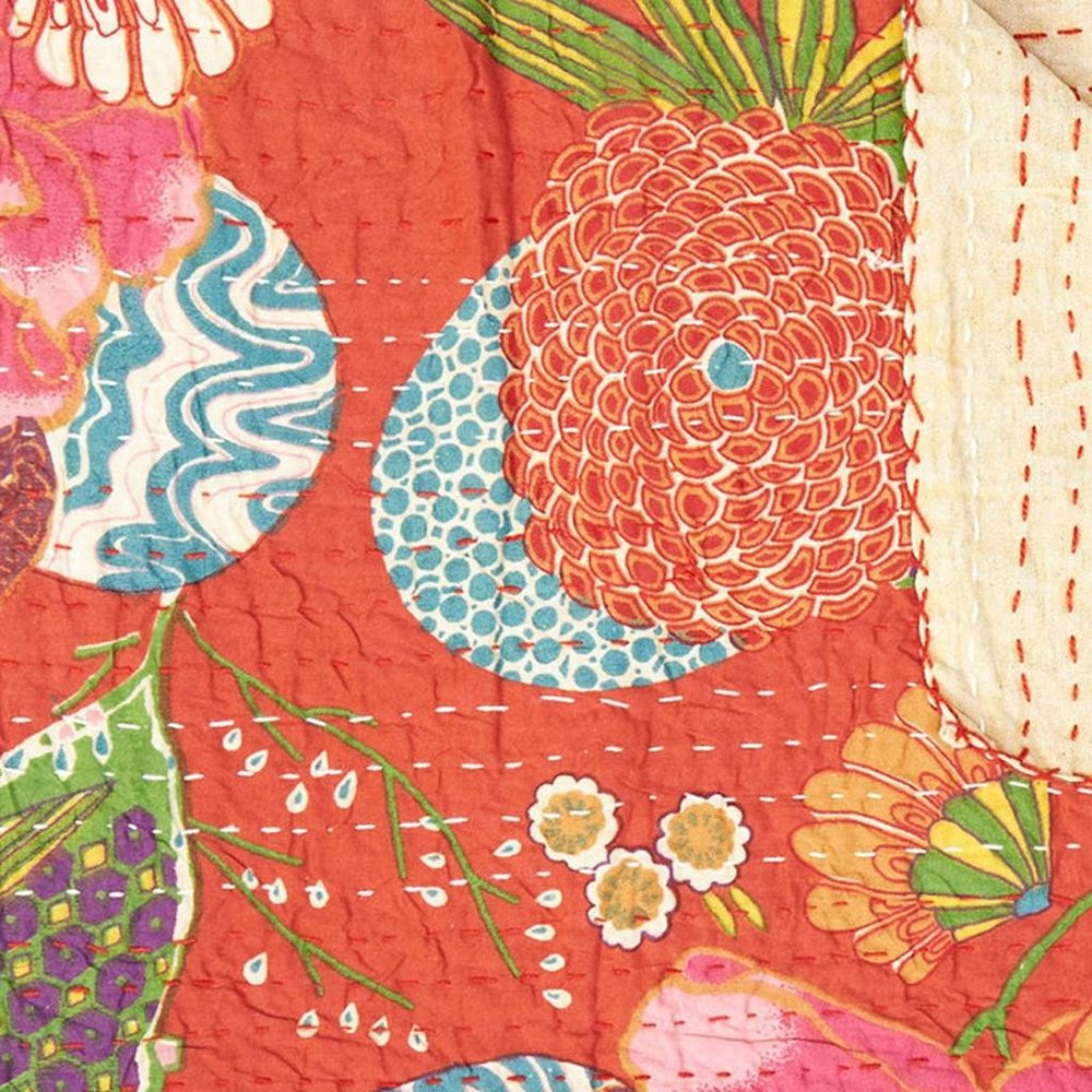 50" X 70" Blue Green And Red Floral Cotton Quilted Kantha Throw Blanket with Embroidery HomeRoots