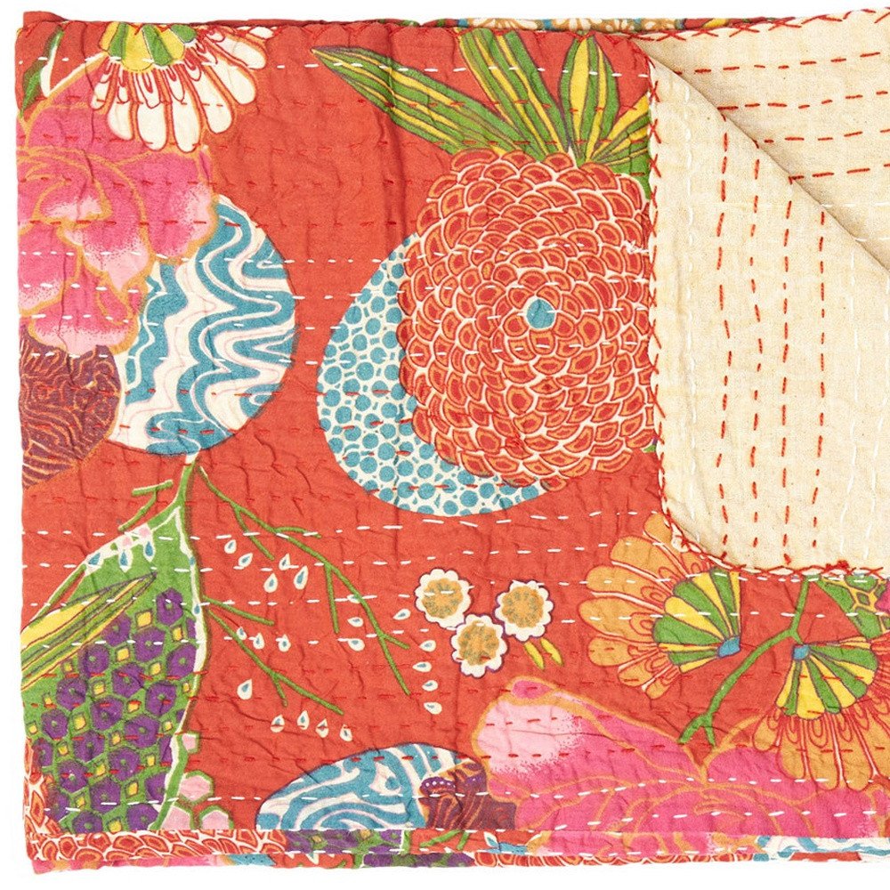 50" X 70" Blue Green And Red Floral Cotton Quilted Kantha Throw Blanket with Embroidery HomeRoots
