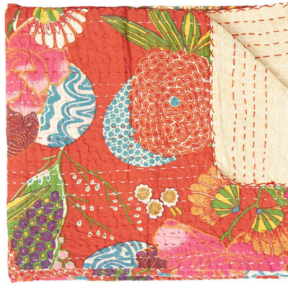 50" X 70" Blue Green And Red Floral Cotton Quilted Kantha Throw Blanket with Embroidery HomeRoots