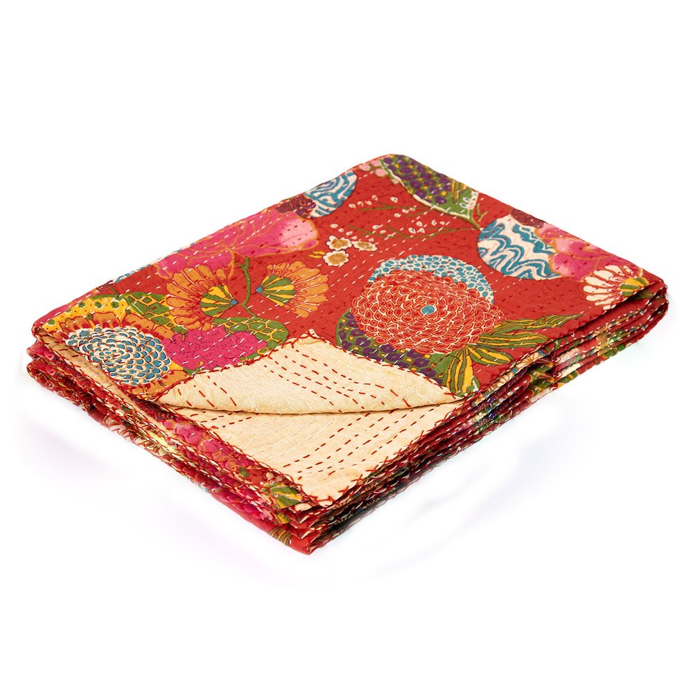 50" X 70" Blue Green And Red Floral Cotton Quilted Kantha Throw Blanket with Embroidery HomeRoots